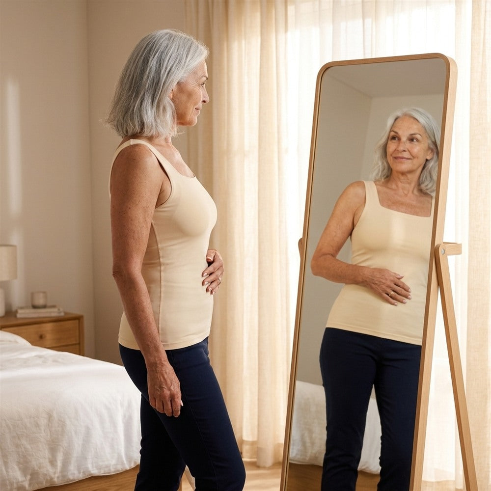 Débardeur nude porté devant un miroir